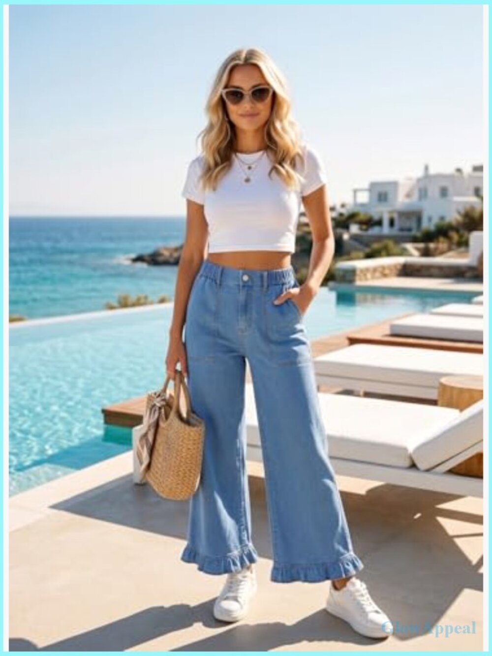 Wide Leg Stretch Denim Jeans Ruffle Hem High Waisted Baggy - Picture 5 of 7
